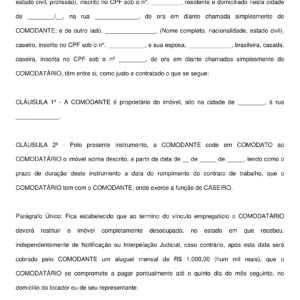 Contrato de Comodato de Imóvel para Caseiro – Modelo Profissional, Editável e Atualizado conforme a Lei
