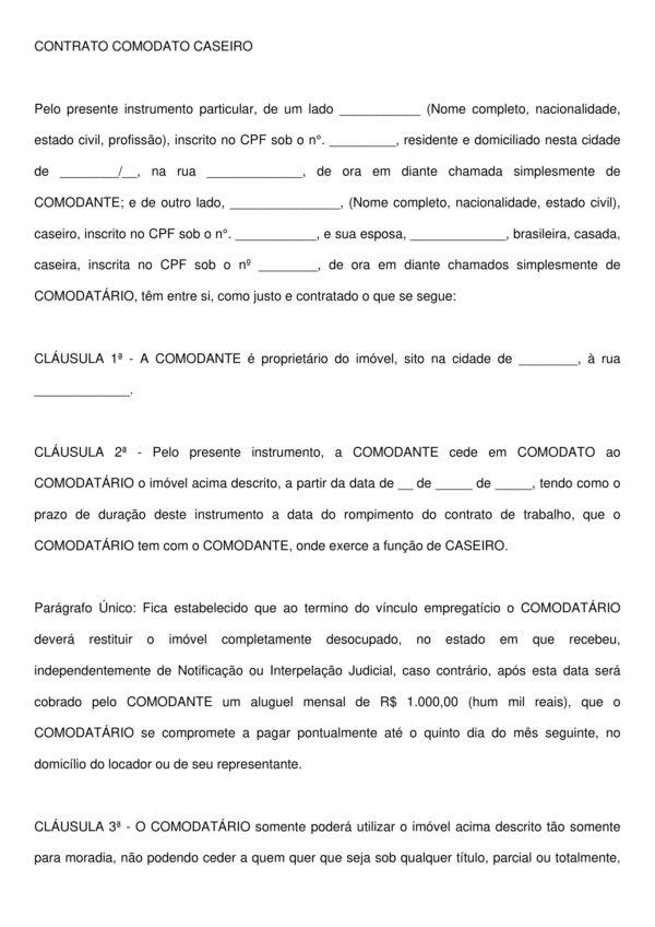 Contrato de Comodato de Imóvel para Caseiro – Modelo Profissional, Editável e Atualizado conforme a Lei