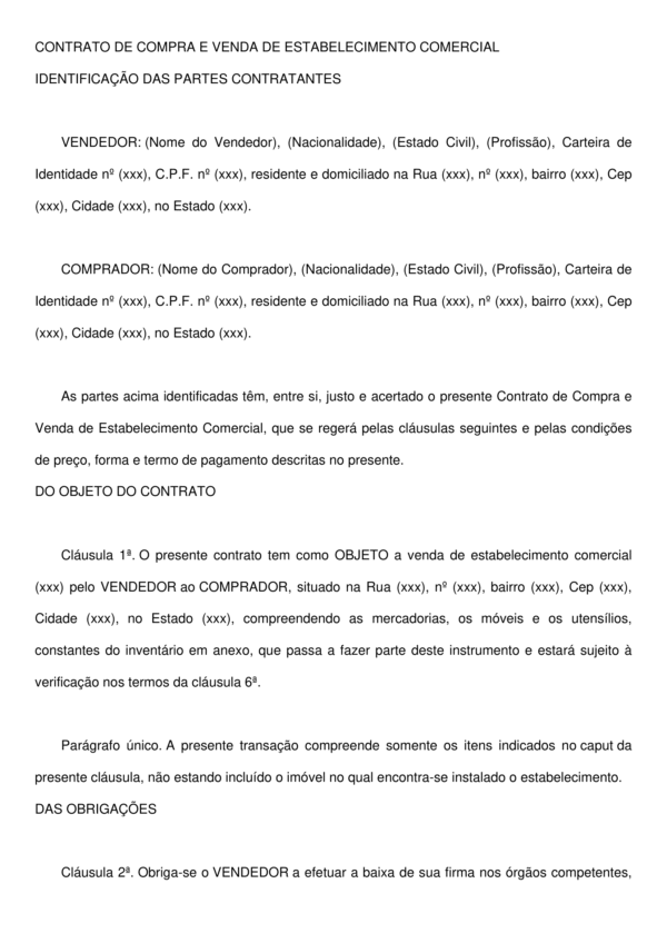 Contrato de Compra e Venda de Estabelecimento Comercial – Modelo Profissional, Atualizado e Editável em Word