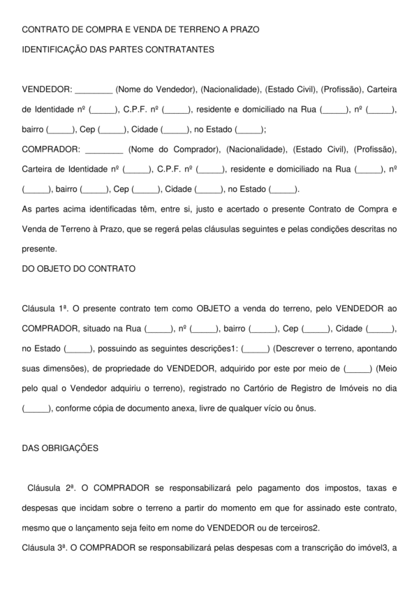 Contrato de Compra e Venda de Terreno a Prazo – Modelo Completo, Atualizado e Editável para Negociações Imobiliárias