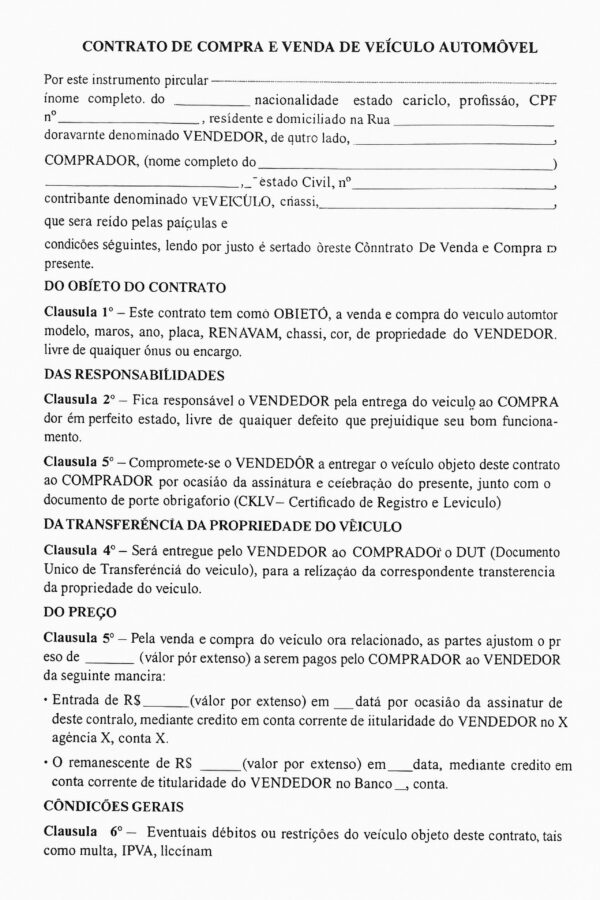 Contrato Pronto de Compra e Venda de Veículo – Modelo Profissional, Atualizado e Editável em Word