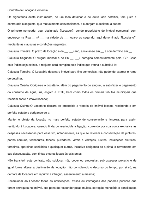Contrato de Locação Comercial – Modelo Profissional, Atualizado e Editável em Word para Imóveis de Negócios