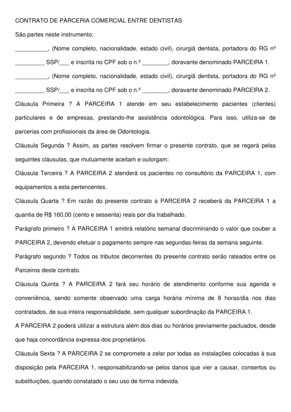 Contrato de Parceria Comercial entre Dentistas – Modelo Profissional, Atualizado e Sem Vínculo Empregatício