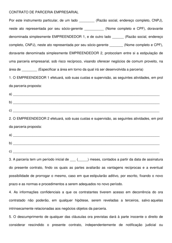 Contrato de Parceria Empresarial – Modelo Profissional para Diversos Segmentos, Editável em Word e Atualizado