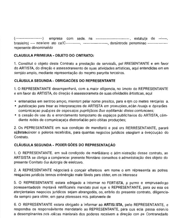 Contrato Profissional de Representação Artística – Modelo Completo, Atualizado e Editável em Word