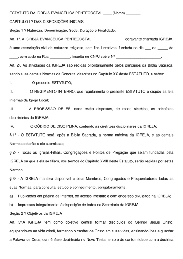 Estatuto de Igreja Evangélica Pentecostal – Modelo Completo com 35 Páginas, Atualizado e Editável em Word
