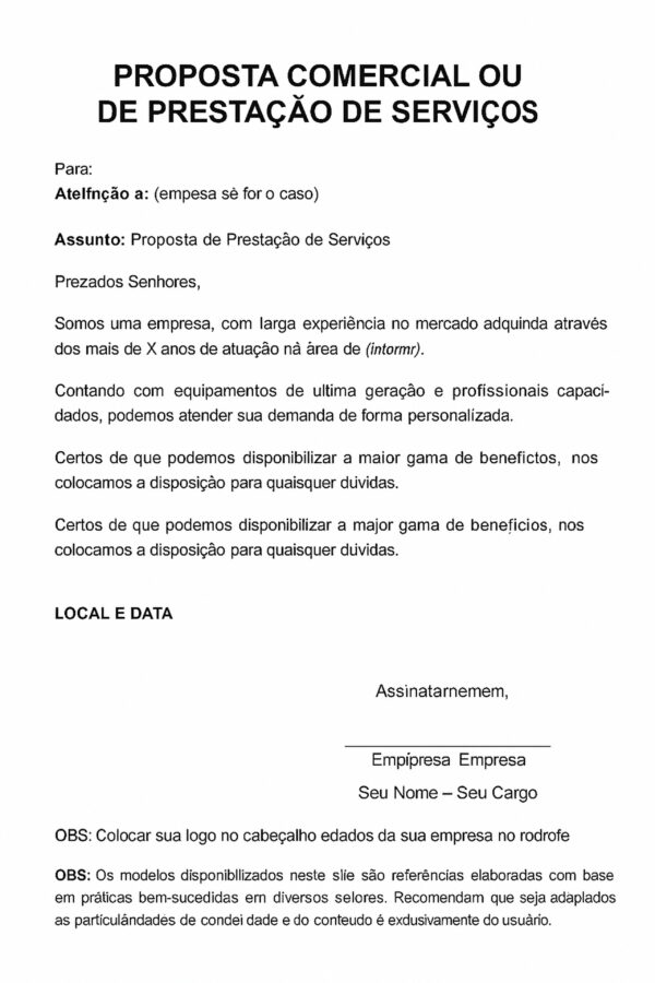 Carta de Proposta Comercial para Prestação de Serviços – Modelo Simples, Profissional e Editável em Word