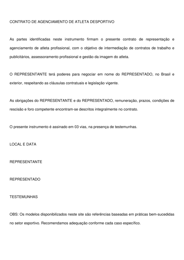 Contrato de Agenciamento de Atleta Desportivo – Modelo Completo e Profissional para Representação de Jogador, Editável em Word