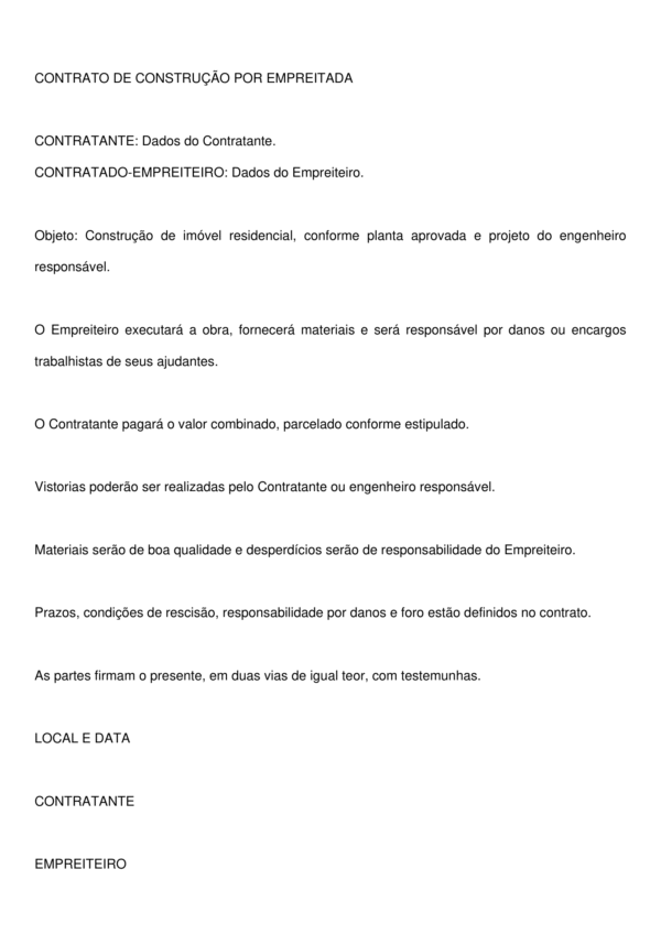 Contrato de Construção por Empreitada – Modelo Completo, Profissional e Editável em Word para Obra de Casa ou Imóvel Residencial