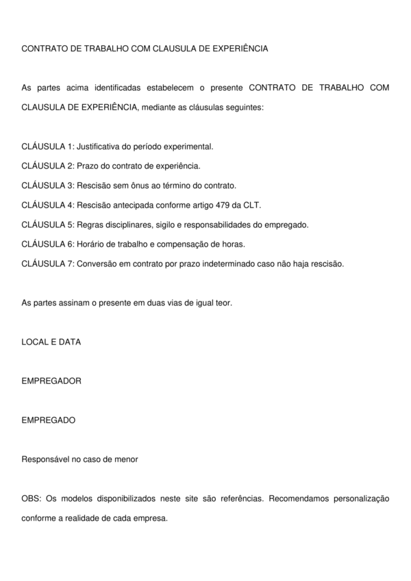 Contrato de Experiência para Funcionários – Modelo Completo, Atualizado e 100% Editável em Word