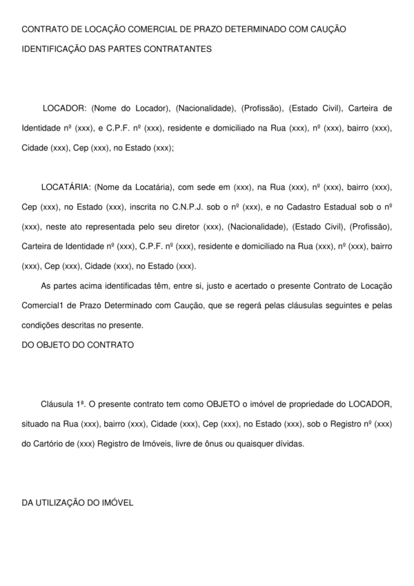 Contrato de Locação Comercial com Caução, Fiador ou Seguro Fiança – Modelo Profissional e Atualizado, 100% Editável em Word