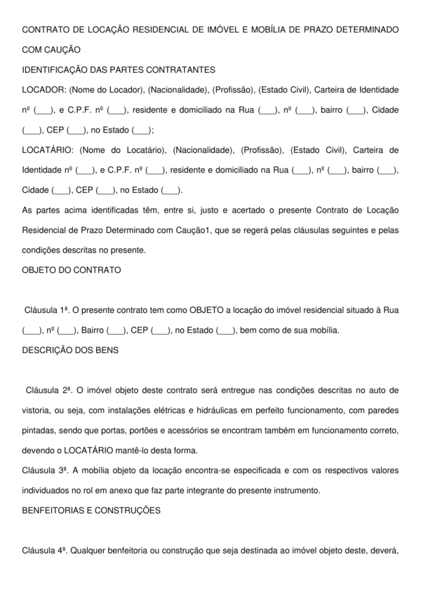 Contrato de Locação Residencial de Imóvel com Mobília – Modelo Completo, Profissional e Editável em Word