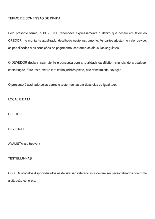 Termo de Confissão de Dívida – Modelo Completo, Profissional e 100% Editável em Word para Formalização de Débitos