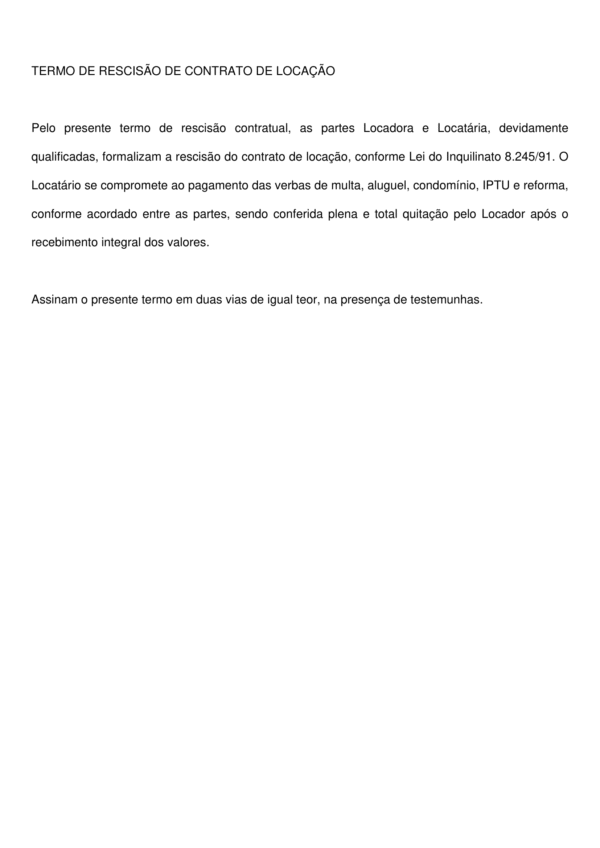 Termo de Rescisão de Contrato de Locação – Modelo Profissional e Atualizado, 100% Editável em Word