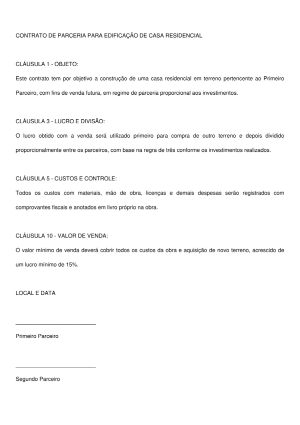 Contrato de Parceria para Construção de Obra Residencial – Modelo Profissional, Atualizado e 100% Editável em Word