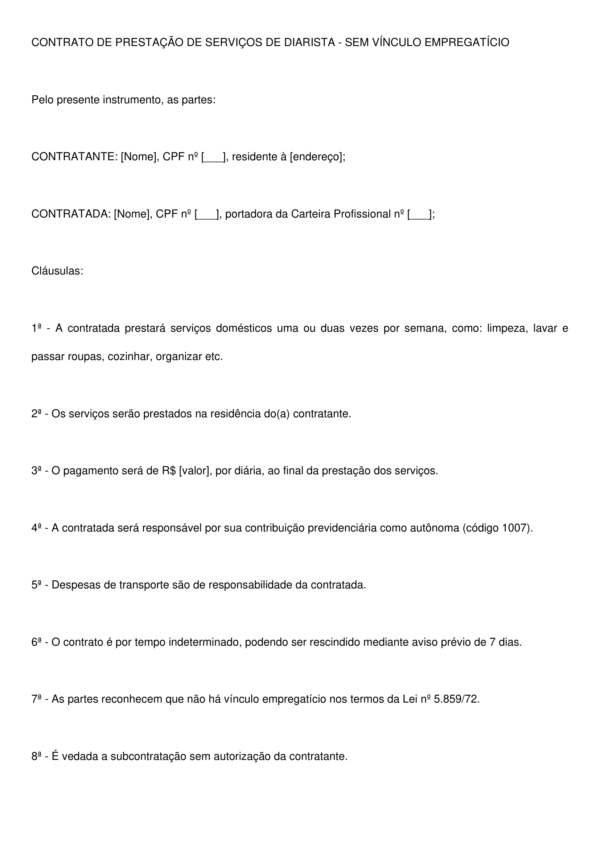 Contrato de Diarista Sem Vínculo Empregatício – Modelo Profissional, Atualizado e Pronto para Prestar Serviços Domésticos Eventuais