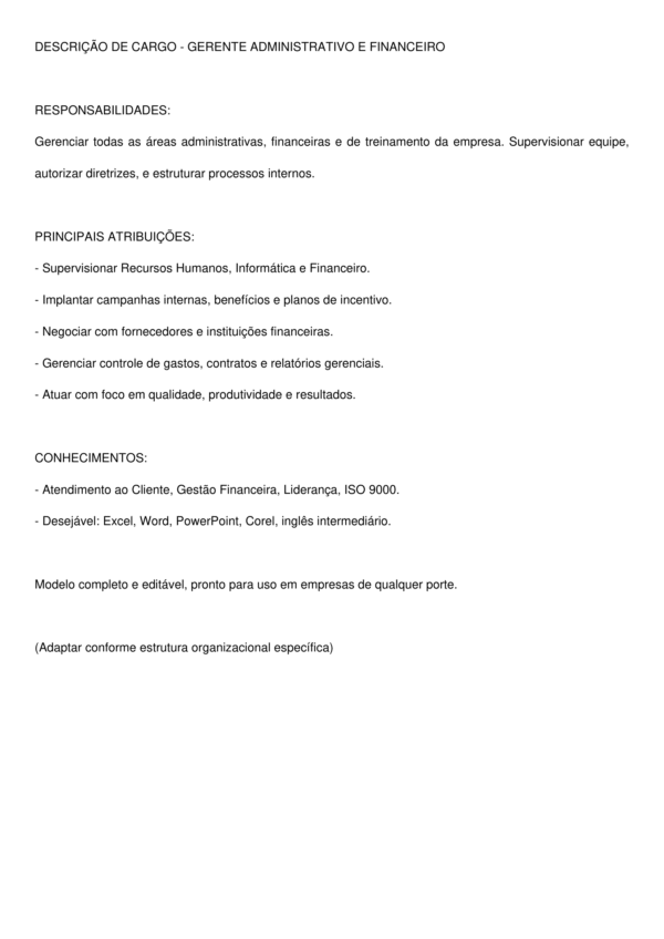 Descrição de Cargo Gerente Administrativo e Financeiro – Modelo Profissional, Atualizado e Editável em Word para Empresas de Todos os Setores