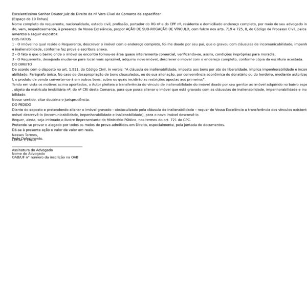 Petição de Sub-rogação de Vínculo com Cláusulas de Incomunicabilidade, Impenhorabilidade e Inalienabilidade – Modelo Jurídico Atualizado e Editável