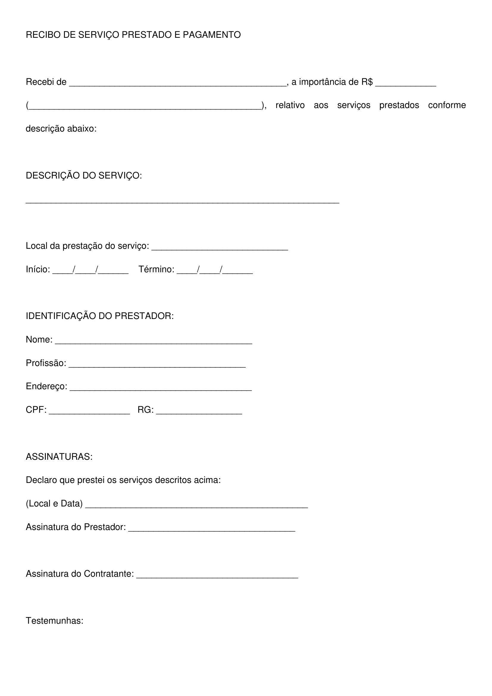 Recibo de Serviço Prestado – Modelo Profissional e Editável de Comprovante de Pagamento para Prestadores Autônomos e Empresas