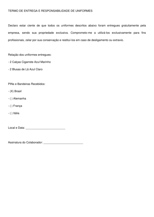 Termo de Entrega e Responsabilidade de Uniformes – Modelo Profissional, Atualizado e Editável para Empresas, RH e Prestadoras de Serviço