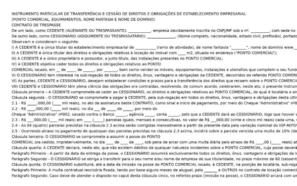 Termo de Transferência de Ponto Comercial – Modelo Completo e Editável com Cláusulas Profissionais
