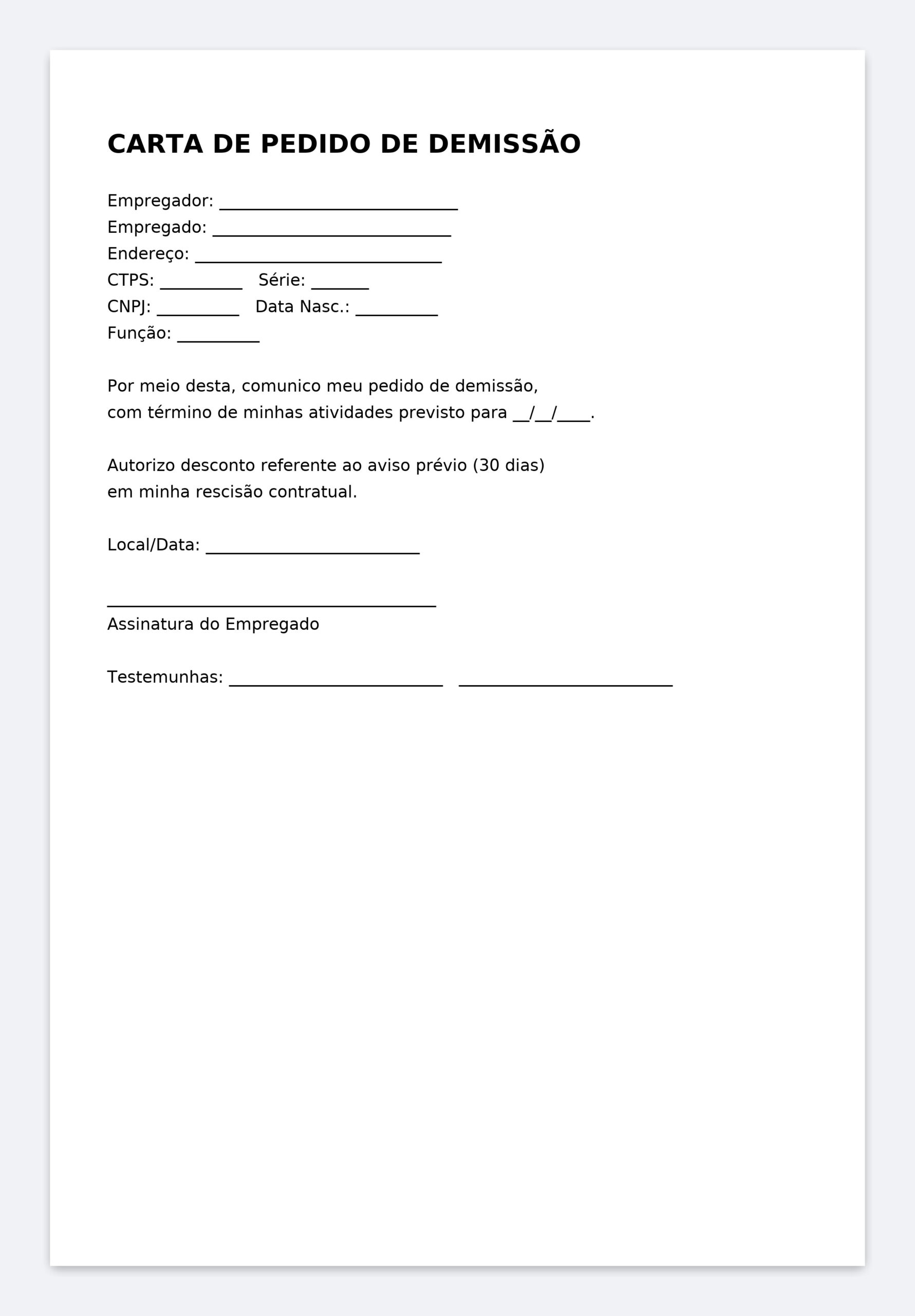 Carta de Pedido de Demissão pelo Funcionário – Modelo Profissional (Word Editável) com CLT