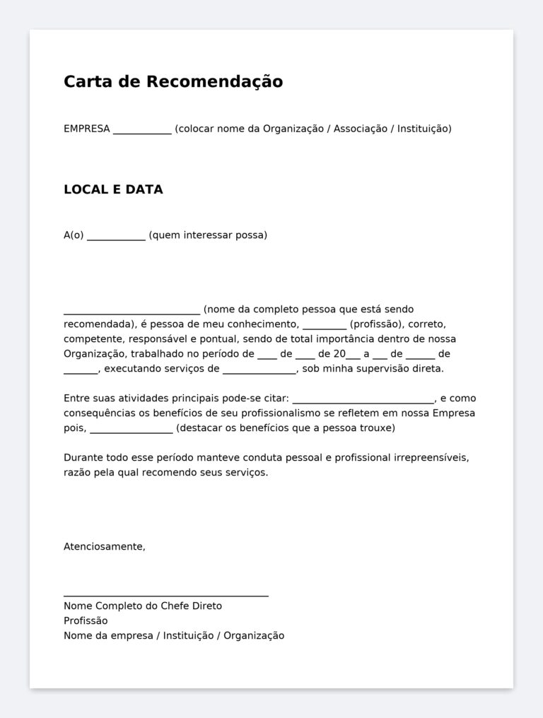 Modelo Profissional de Carta de Recomendação – Referência Profissional ...