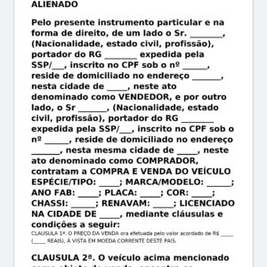 Modelo Profissional de Contrato de Compra e Venda de Veículo AlienadoFinanciado – Word Editável com Baixa de Gravame, QuitaçãoAssunção de Dívida