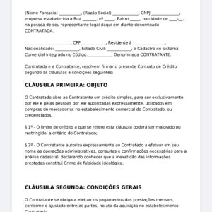 Contrato de Crédito em Loja – Varejo – Modelo Profissional Editável com Cadastro, Limite de Crédito, Parcelamento, JurosMulta, Inadimplência, Protesto e Emissão de Carnê