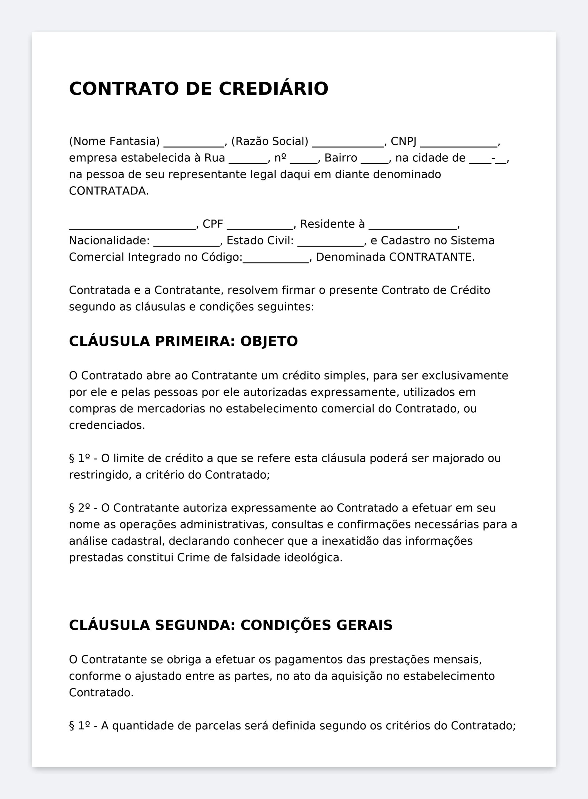Contrato de Crédito em Loja – Varejo – Modelo Profissional Editável com Cadastro, Limite de Crédito, Parcelamento, JurosMulta, Inadimplência, Protesto e Emissão de Carnê