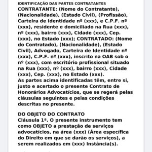 Modelo Profissional de Contrato de Honorários Advocatícios (AdvogadoCliente) – Word Editável com Objeto