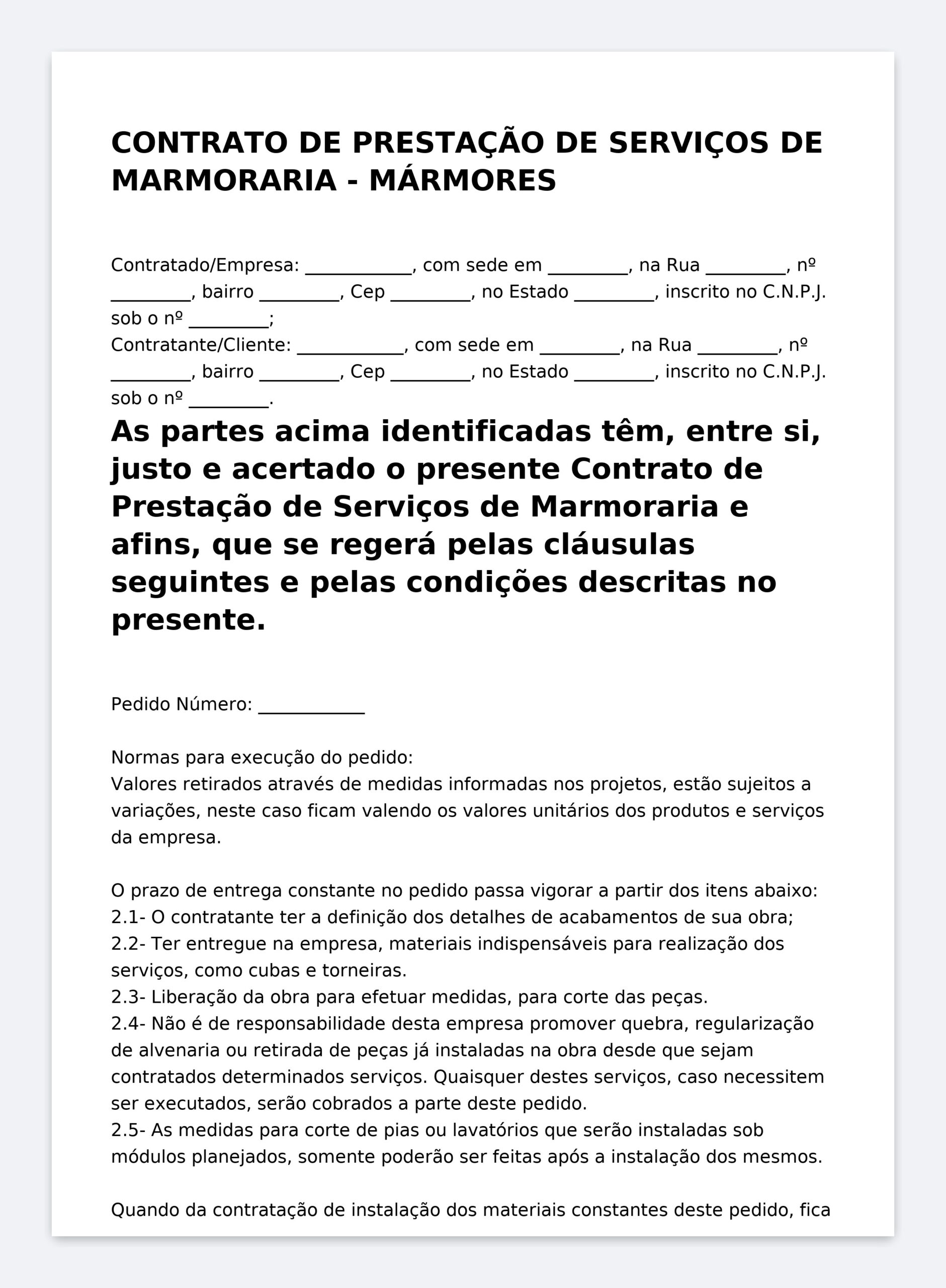 Modelo Profissional de Contrato de Prestação de Serviços de Marmoraria (Mármores e Granitos)