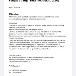 Modelo Profissional de Descrição de Cargo Diretor Geral (CEO) – Word Editável com Funções, Responsabilidades, KPIs, Metas e Competências