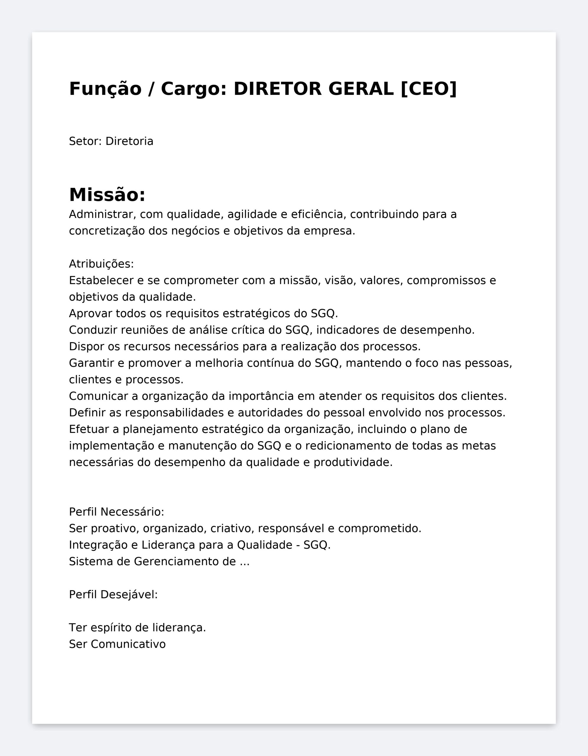 Modelo Profissional de Descrição de Cargo Diretor Geral (CEO) – Word Editável com Funções, Responsabilidades, KPIs, Metas e Competências