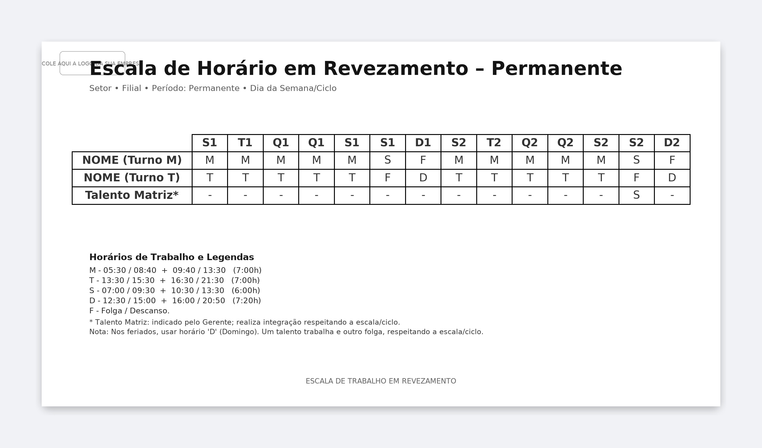 Escala de Horário em Revezamento – Modelo Permanente em WordExcel
