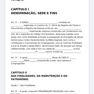 Estatuto para Igreja Evangélica – Modelo Padrão Atualizado (Word Editável) com Denominação, Finalidades, Membros, Disciplina, Patrimônio, Assembleia Geral, Diretoria e Conselho Fiscal
