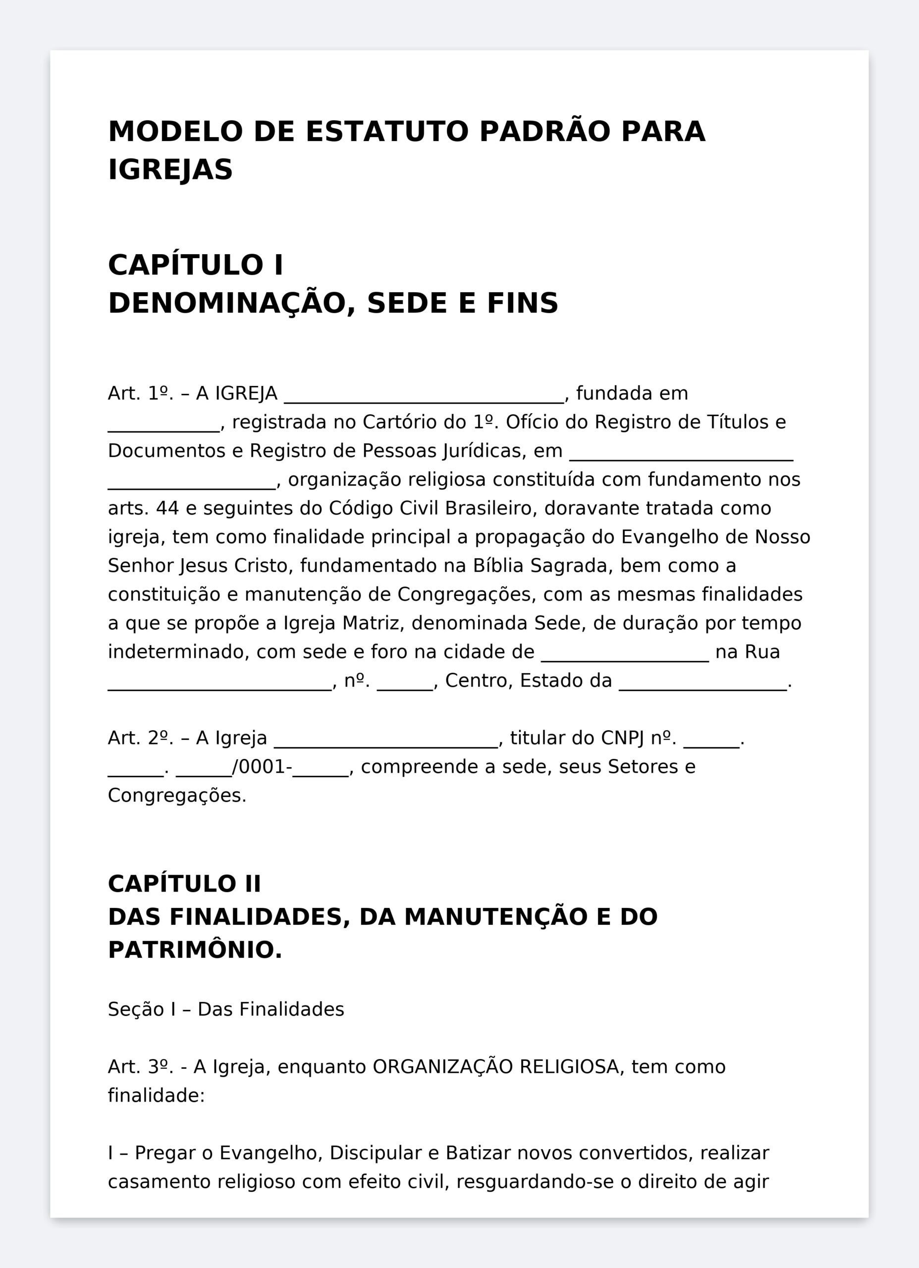 Estatuto para Igreja Evangélica – Modelo Padrão Atualizado (Word Editável) com Denominação, Finalidades, Membros, Disciplina, Patrimônio, Assembleia Geral, Diretoria e Conselho Fiscal