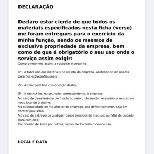 Modelo Profissional de Ficha de Controle de EPI e Termo de Responsabilidade – Word Editável com Identificação do Colaborador