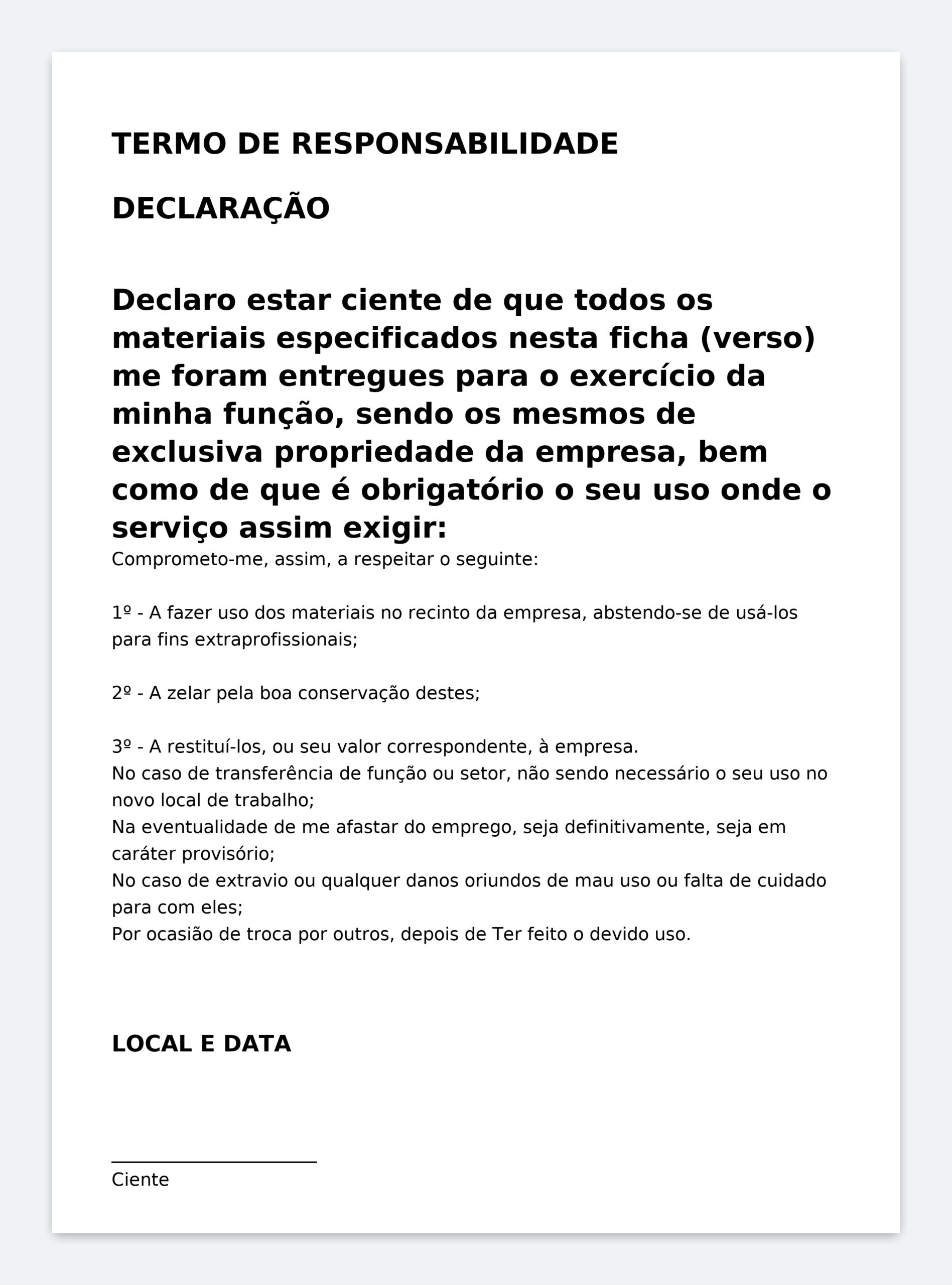 Modelo Profissional de Ficha de Controle de EPI e Termo de Responsabilidade – Word Editável com Identificação do Colaborador