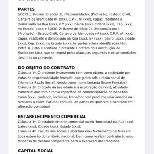 Contrato de Constituição de Sociedade LTDA – Modelo Completo e Profissional (Word Editável) com Objeto Social, Capital e Quotas, Administração, Reuniões, Balanço e Registro na Junta Comercial