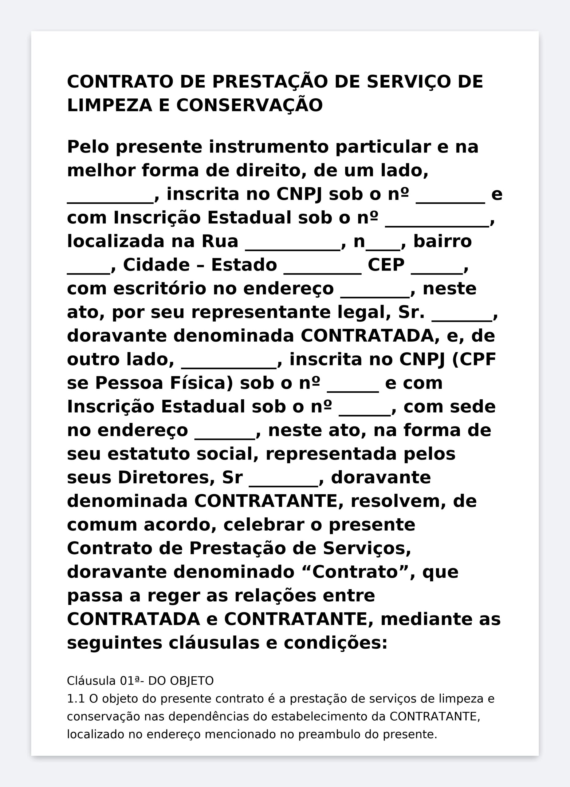 Contrato de Prestação de Serviços de Limpeza e Conservação – Modelo Profissional (Word Editável) com Escopo e Frequência