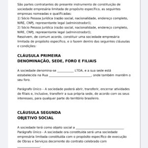 Contrato Social de Sociedade de Propósito Específico (SPE) – Modelo Profissional Editável (Word) com Objeto Social, Quotas, Administração, Lucros e Foro