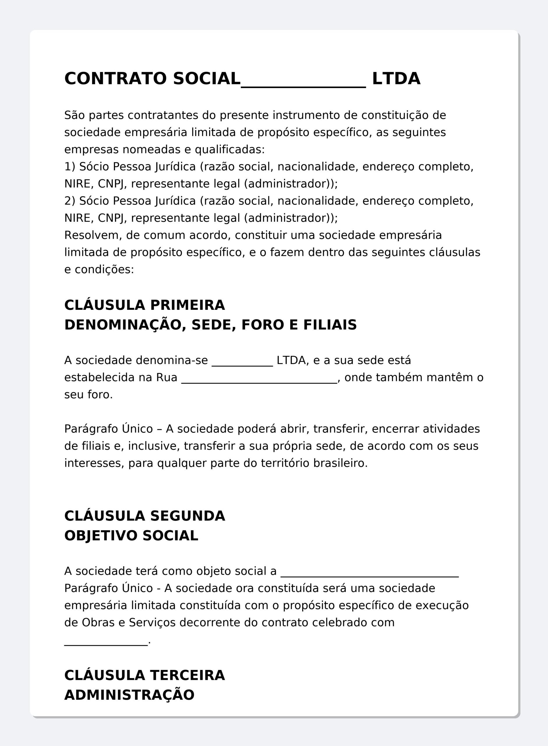 Contrato Social de Sociedade de Propósito Específico (SPE) – Modelo Profissional Editável (Word) com Objeto Social, Quotas, Administração, Lucros e Foro