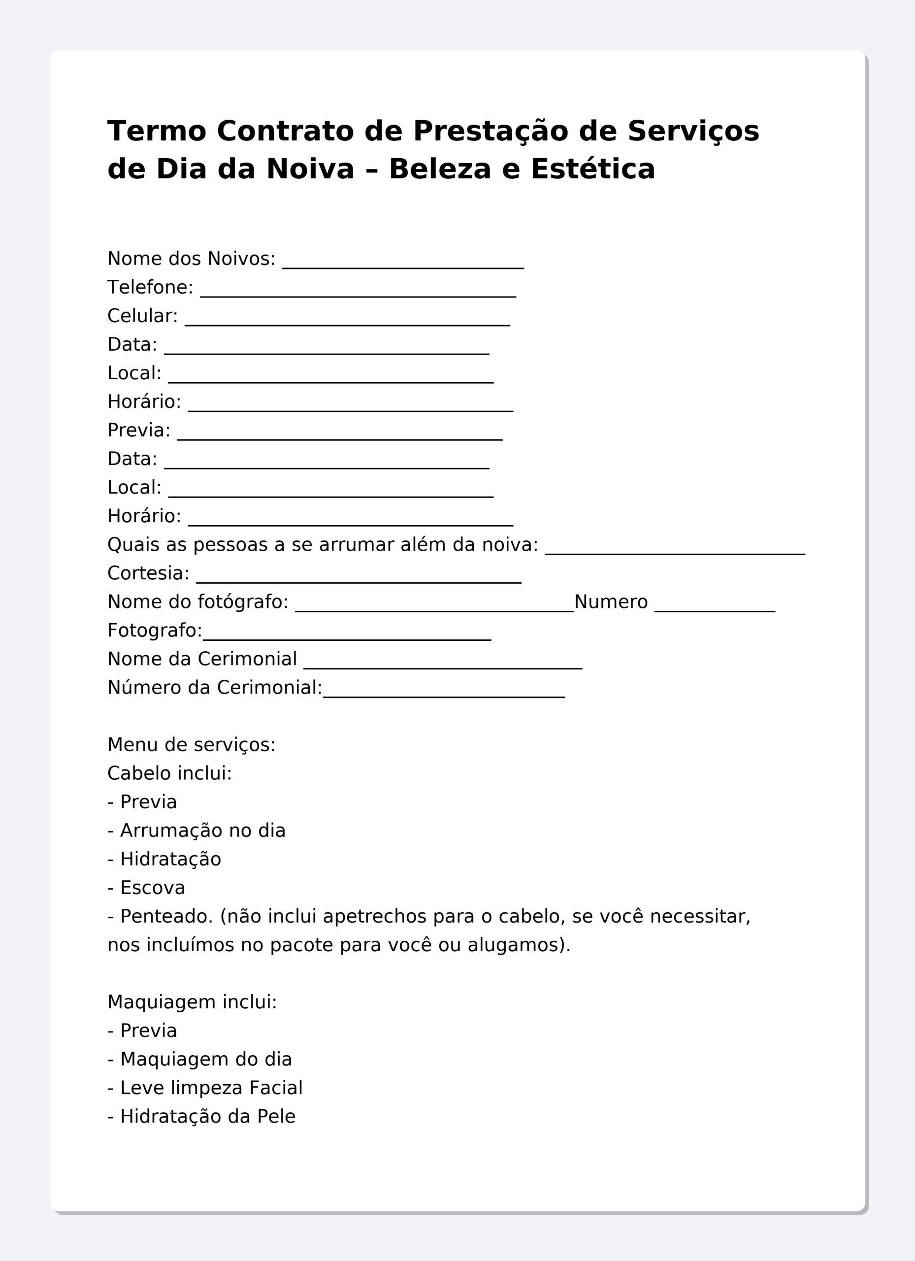 Contrato Dia da Noiva – Beleza e Estética (Cabelo, Maquiagem e Unhas) – Modelo Profissional Editável (Word) com Prévia, Depósito, Cancelamento e Autorização de Imagem