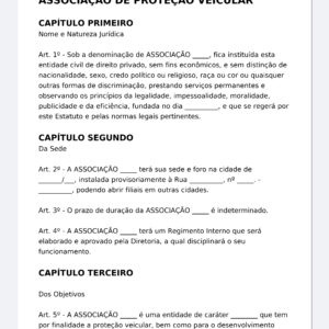 Estatuto de Associação de Proteção Veicular – Modelo Profissional Editável (Word) com Objetivos, Sede, Sócios, Direitos e Deveres, Diretoria, Assembleias e Conselho Fiscal