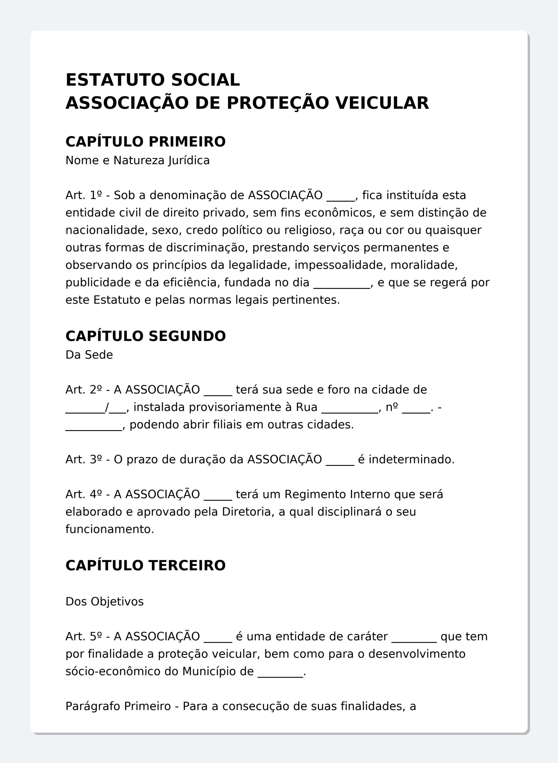 Estatuto de Associação de Proteção Veicular – Modelo Profissional Editável (Word) com Objetivos, Sede, Sócios, Direitos e Deveres, Diretoria, Assembleias e Conselho Fiscal
