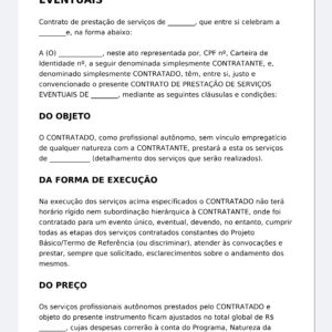 Contrato de Prestação de Serviços Eventuais – Modelo Profissional Editável (Word) sem Vínculo Empregatício, com Preço, Pagamento, Prazo, Rescisão e Mult