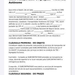 Contrato de Prestação de Serviço entre Transportador e Agregado (TAC) – Motorista Autônomo, RNTRC, Lei 11.44207, Seguro e Arbitragem – Modelo Word Editável