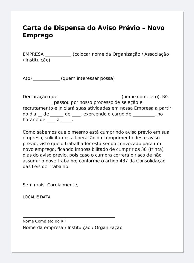 Carta de Dispensa do Aviso Prévio para Novo Emprego – Modelo ...