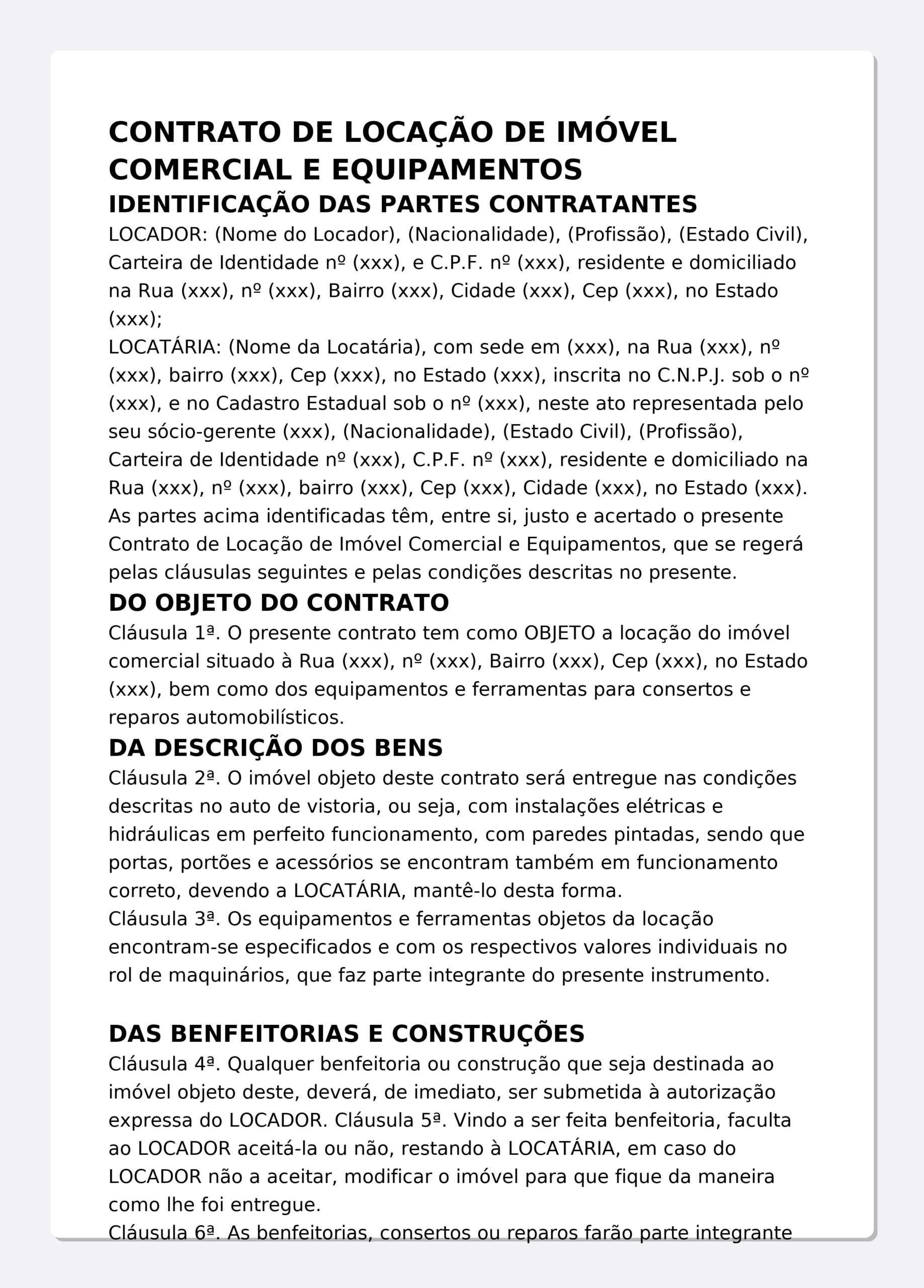 Contrato de Locação de Imóvel Comercial e Equipamentos – Modelo Profissional Editável (Word), com Cláusulas de Reajuste (IGPIGPM), Vistoria, Benfeitorias e Foro
